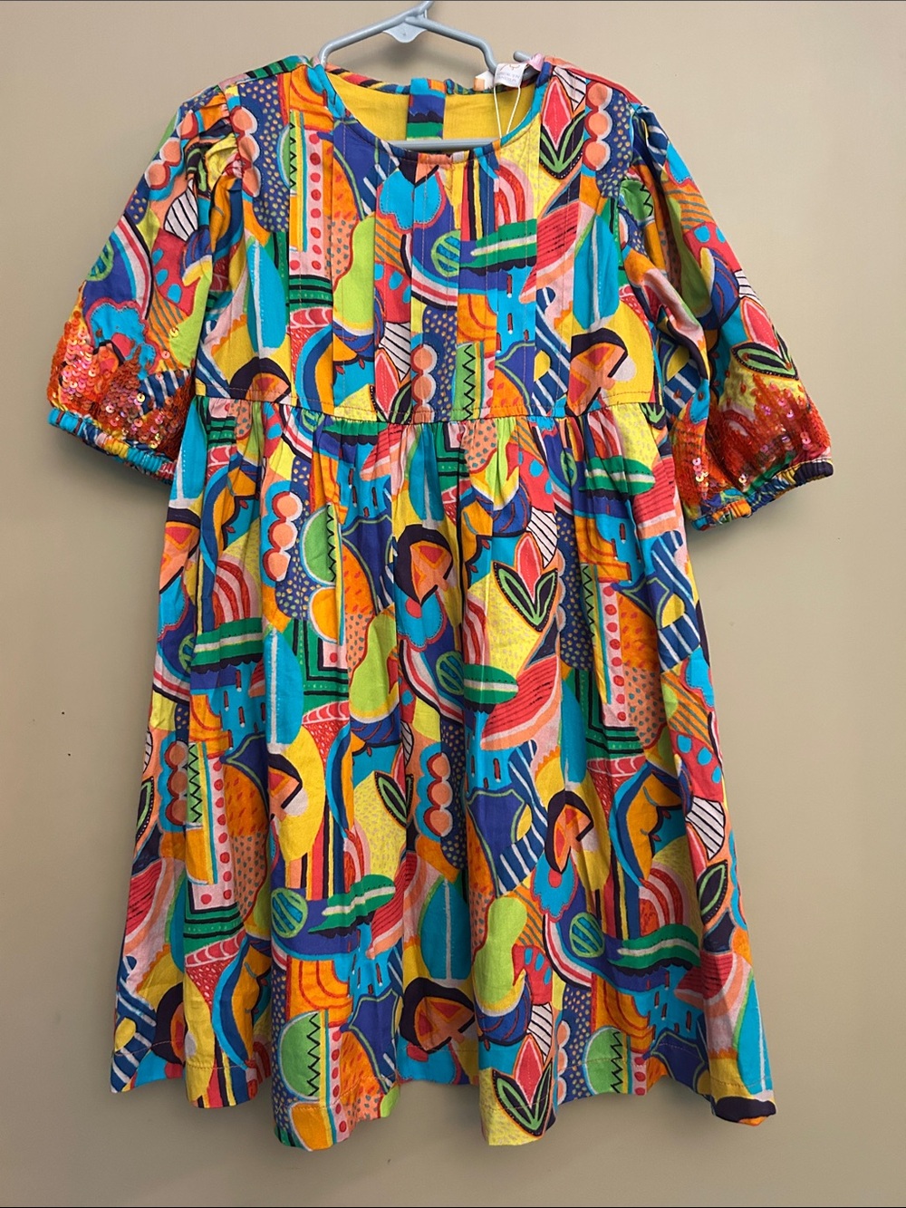 Colorful Abstract Print Girls' Casual Dress with Sequin Cuffs